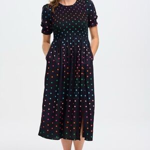 Sugarhill Brighton Rosita Size 8 Shirred Midi Dress - Navy Rainbow Polka Dot